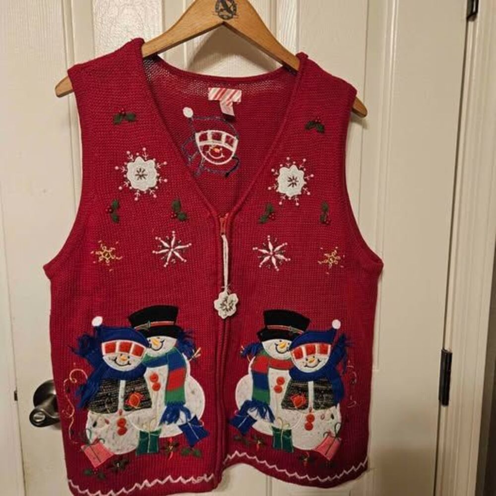 Red Christmas Snowman Ugly Sweater Vest Full Zip Xlg